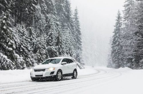 Modern Car On Snowy Road Near Forest Winter Vacation